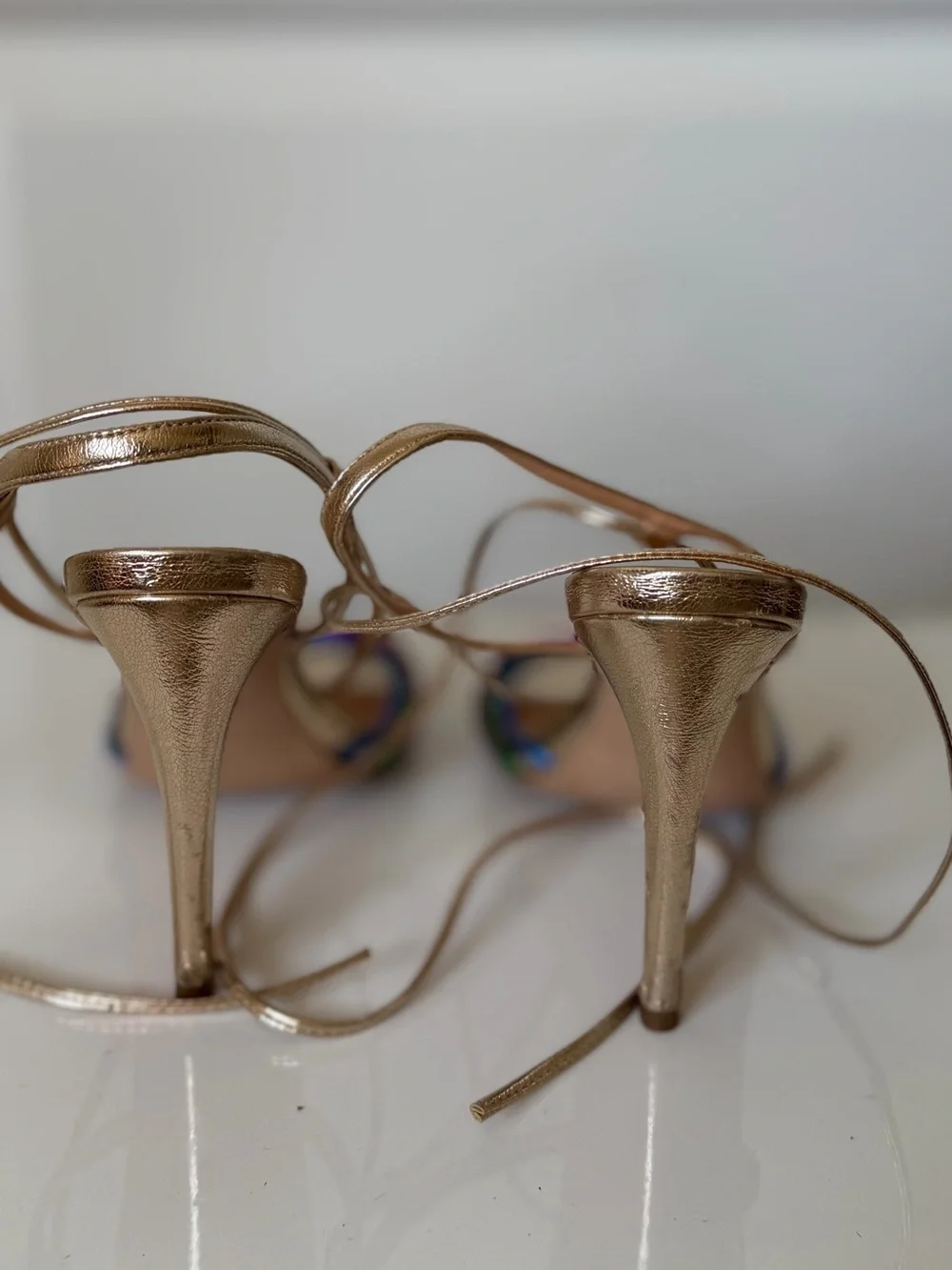 Luiza Barcelos Metallic Gold Multicolor Strappy Heels Sandals